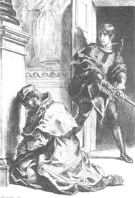 A black and white illustration of Hamlet standing with sword partially drawn, behind King Claudius, who kneels against a castle wall in prayer.