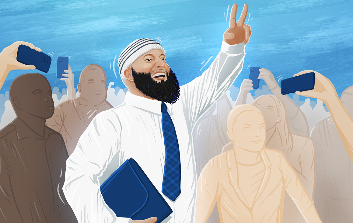 Illustration of Adnan Syed walking out of a court room, waving to someone in the distance.