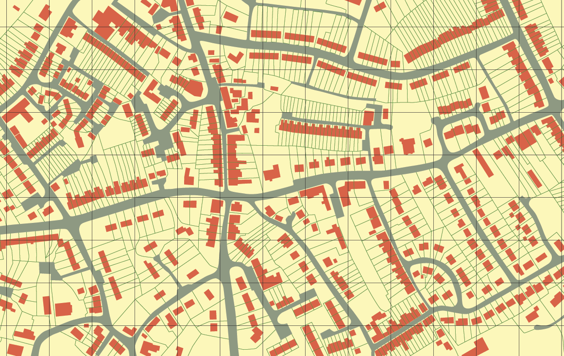 An illustrated map of a suburban neighborhood from overhead with houses marked in red.