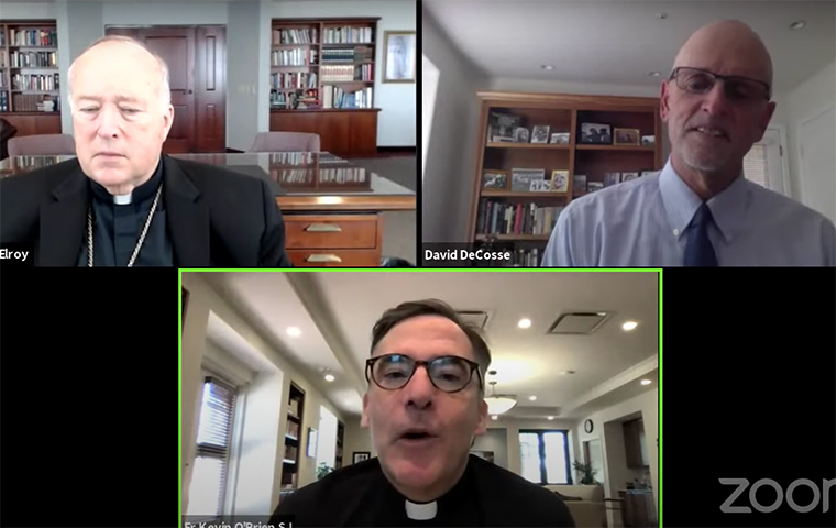 A Zoom split screen with David DeCosse, Kevin O'Brien and Bishop Robert McElroy image link to story