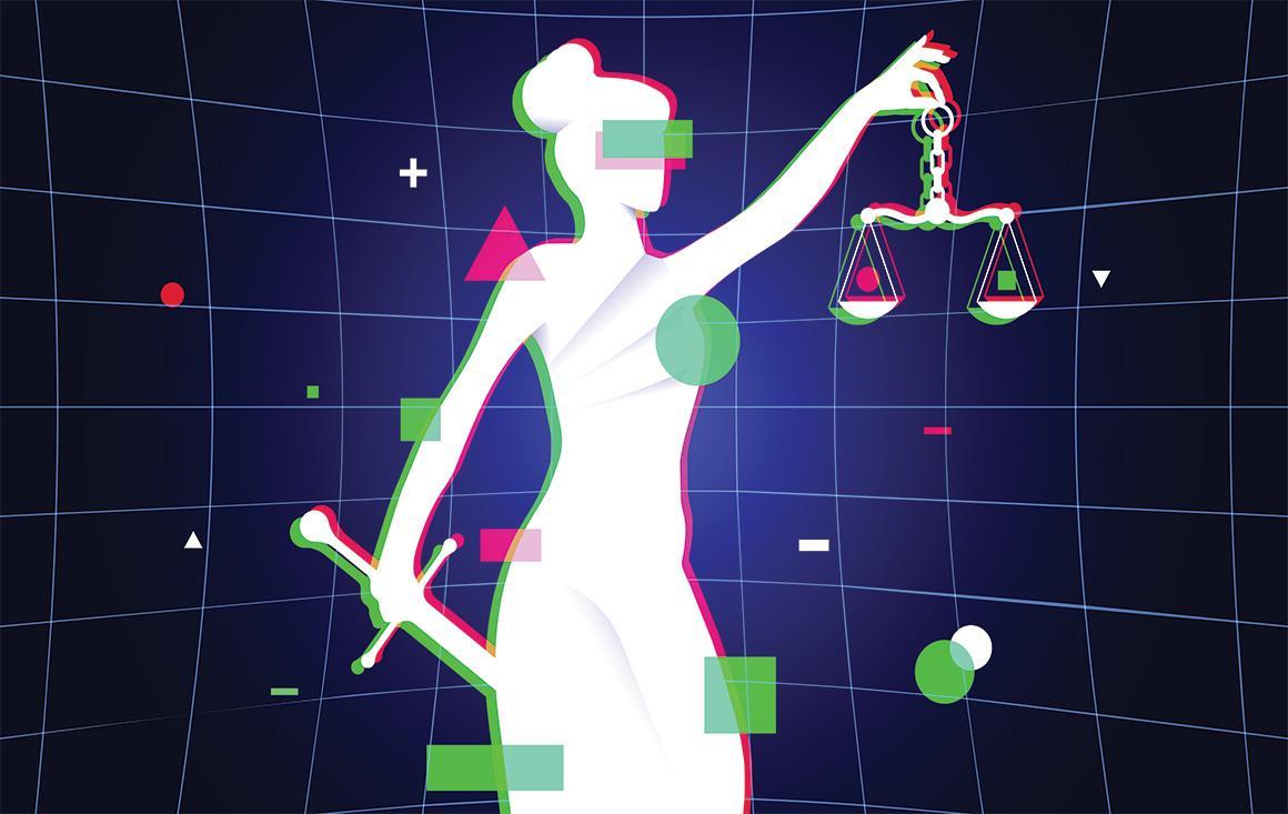 An illustration of a lady holding a legal scale with floating icons surrounding her, meant to represent the intersection of AI and law. 