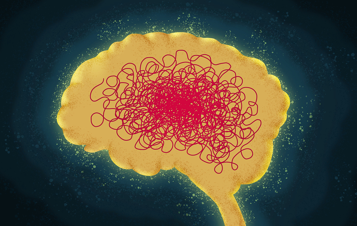 An illustration of a brain with a tanged web of red lines spreading out from the brain's center.
