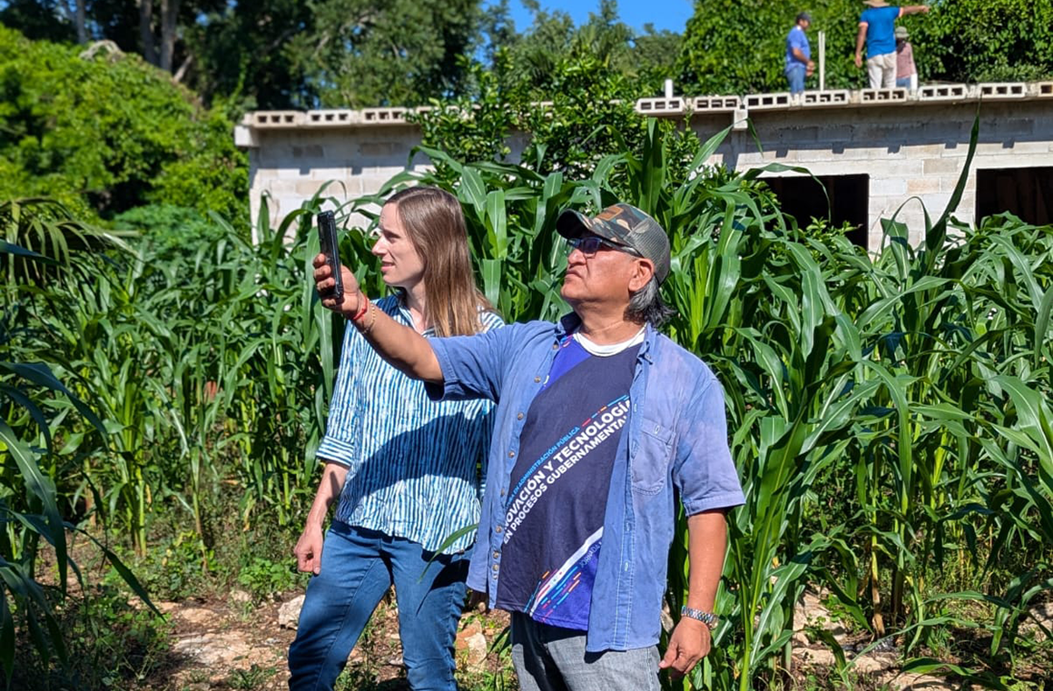 A white woman and an indigenous man stand in a field of corn, the man holding up a phone and both looking off into the distance.