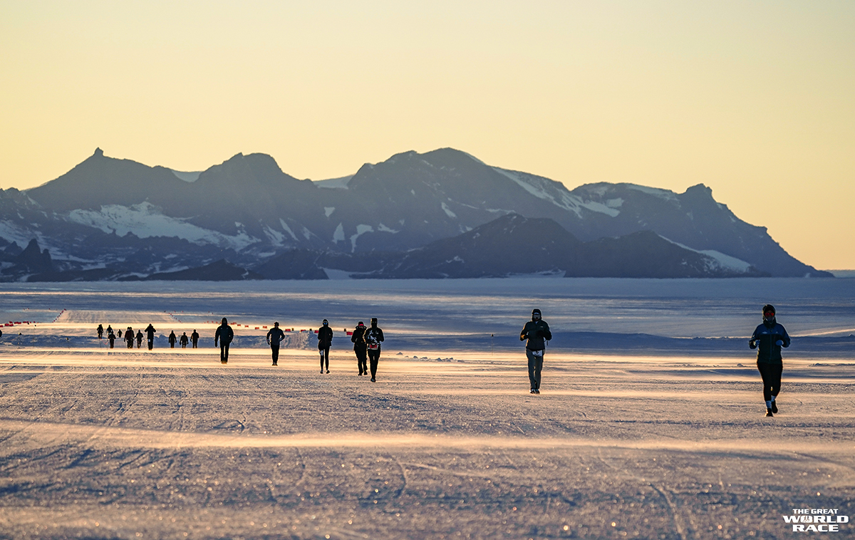 Marathon runners on ice in Antarctica in Great World Race