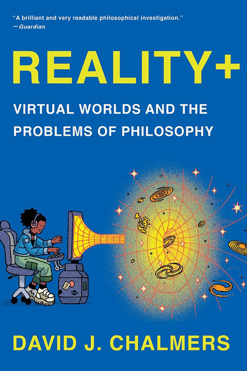 Book cover for Reality+. Illustration of teenager on desktop computer with yellow-colored black hole emanating from the back of the monitor with planets being sucked in.