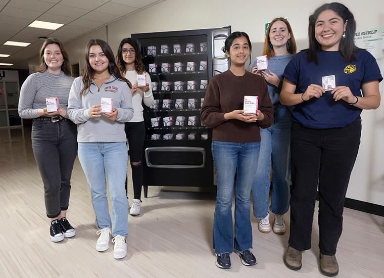 SCU seniors and public health majors on hand to welcome the Narcan machine are, from left: Isabella Bunkers, Anabelle Faivre, Setareh Tehrani, Reha Shah, Anna Murrin and Alexandria Perez. SCU seniors and public health majors on hand to welcome the Narcan machine are, from left: Isabella Bunkers, Anabelle Faivre, Setareh Tehrani, Reha Shah, Anna Murrin and Alexandria Perez.