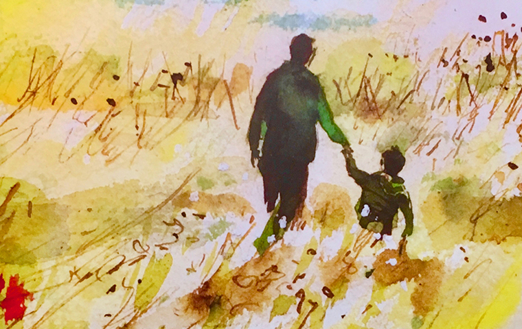 Watercolor illustration of adult and child walking through field image link to story