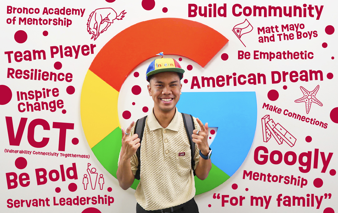 Matt Mayo wearing a Google Intern hat in front of the Google G. Illustrated in the background are the phrases: Bronco Academy of Mentorship, Team Player, Resilience, Inspire change, VCT (vulnerability, connectivity togetherness), Be Bold, Servant leadership, build community, Matt Mayo and the Boys, Be empathetic, American Dream, Make Connections, Googly, Mentorship, and