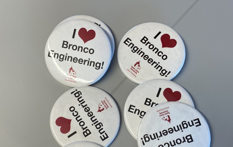 Photo of pins saying I Heart Bronco Engineering image link to story