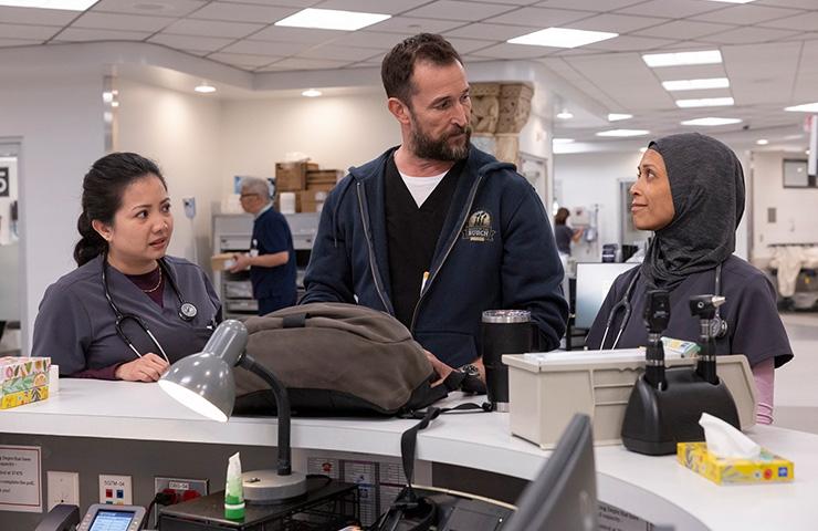 Actors Kristin Villanueva, Noah Wyle, Amielynn Abellera from a scene in The Pitt.