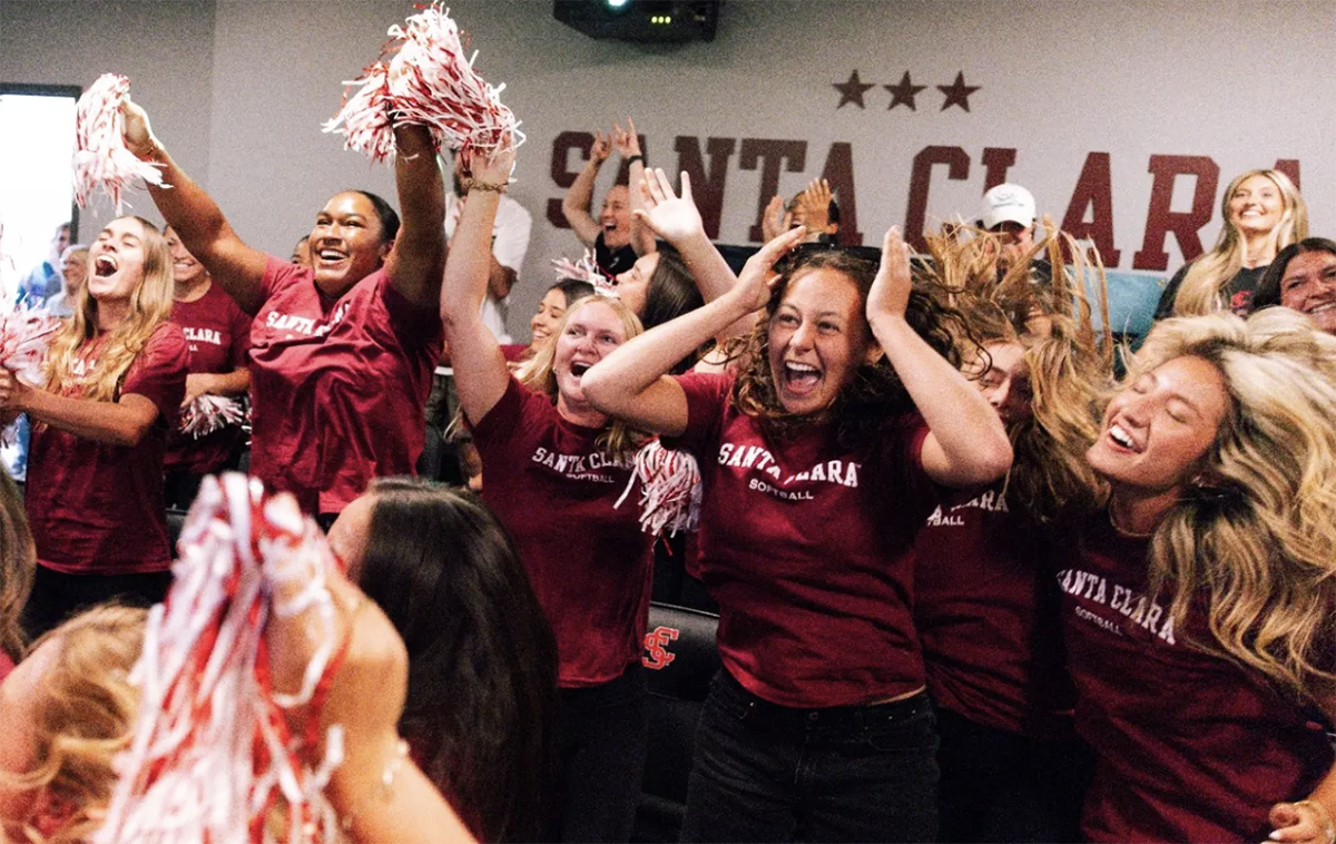 Santa Clara softball team celebrates NCAA tournament berth.