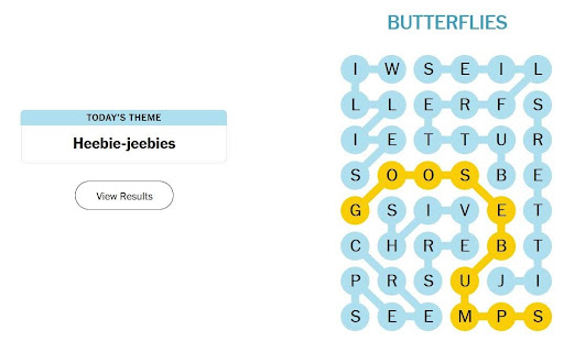 A screenshot of the NYT word game Strands with the theme Heebie Jeebies and the word Butterflies over the puzzle.