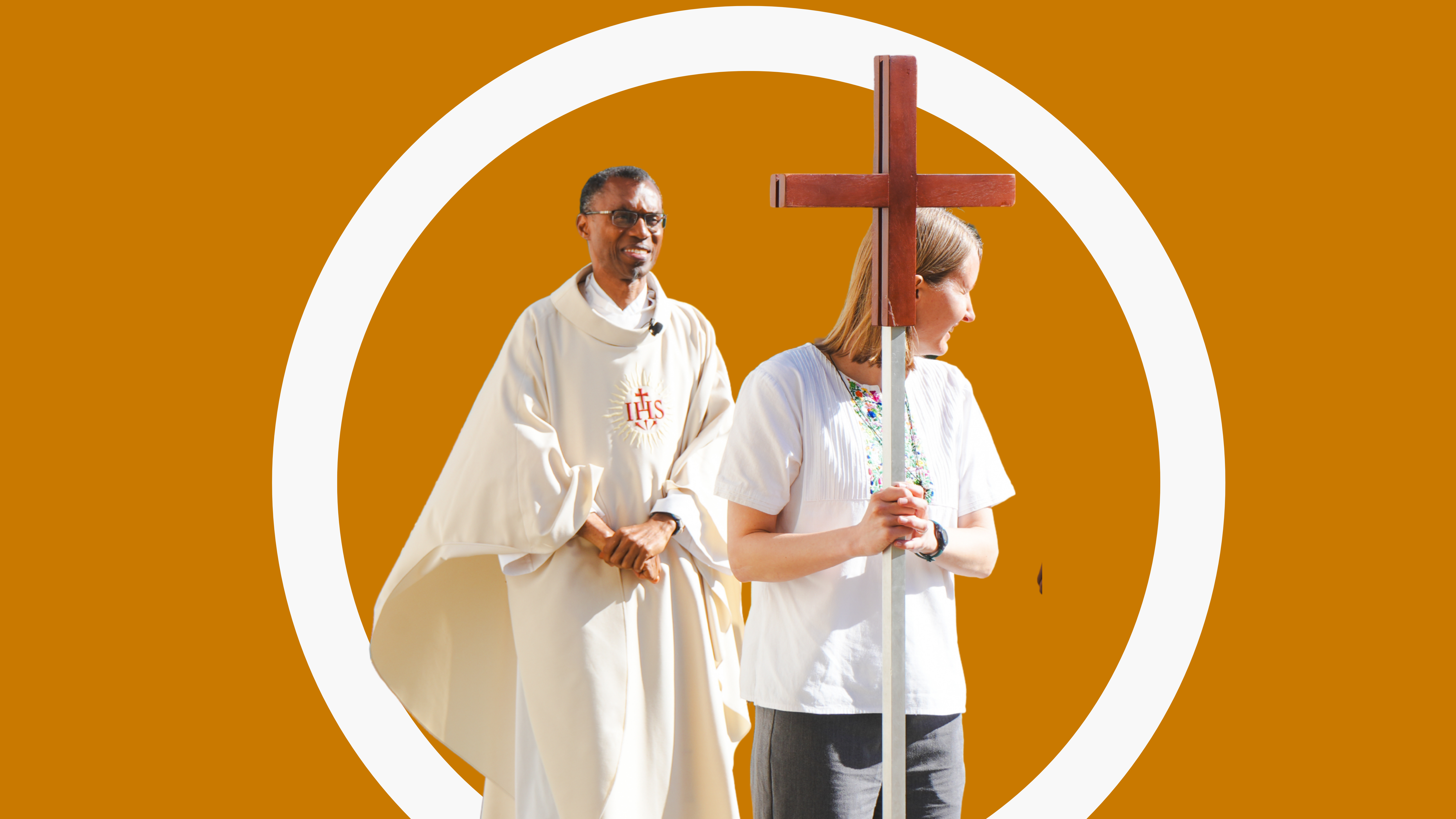People standing together on yellow background