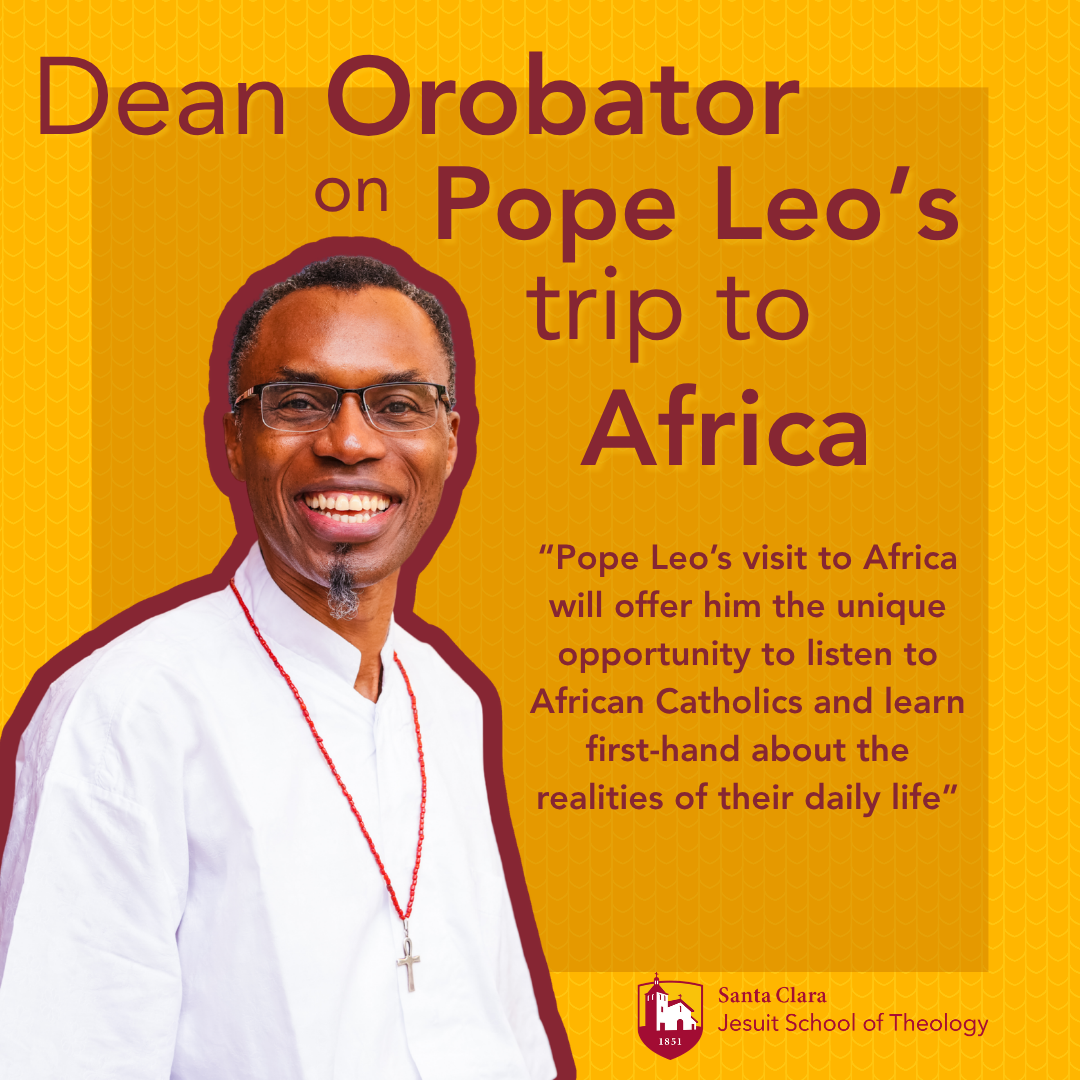 A smiling man on a yellow background with text that reads: Dean Orobator on Pope Leos trip to Africa: “Pope Leo’s visit to Africa will offer him the unique opportunity to listen to African Catholics and learn first-hand about the realities of their daily life” image link to story