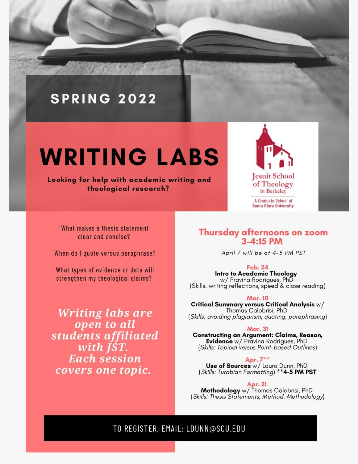 flyer describing the Jesuit School of Theology's Writing Center's program, titled 