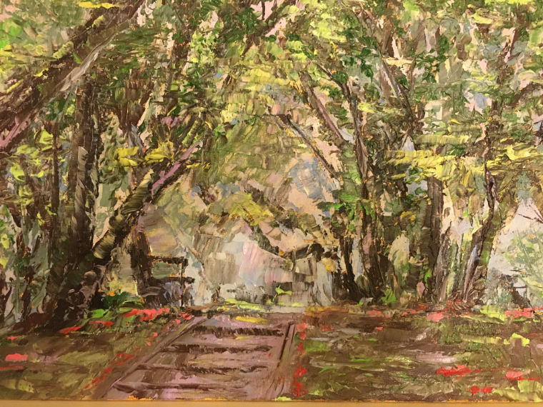 Painting of road, bench, trees and empty tomb by Galen Cortes
