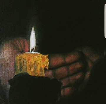 Painting of candle in cradle of hands by Galen Cortes