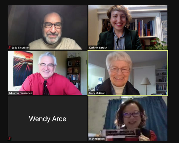 Screenshot of video conference with five people for Marinda Chan's dissertation defense.