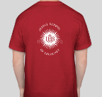 Red T-shirt with white circular design and text on the back.