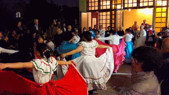 Traditional dancers perform lined up in colorful dresses.