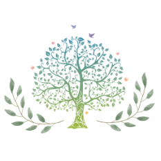 Colorful tree with birds, surrounded by olive branches.