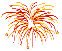 Alt text: Red and yellow fireworks exploding against a white background.