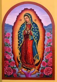 Image of Our Lady of Guadalupe with a floral background.
