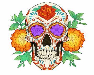 Colorful Skull with marigolds behind it
