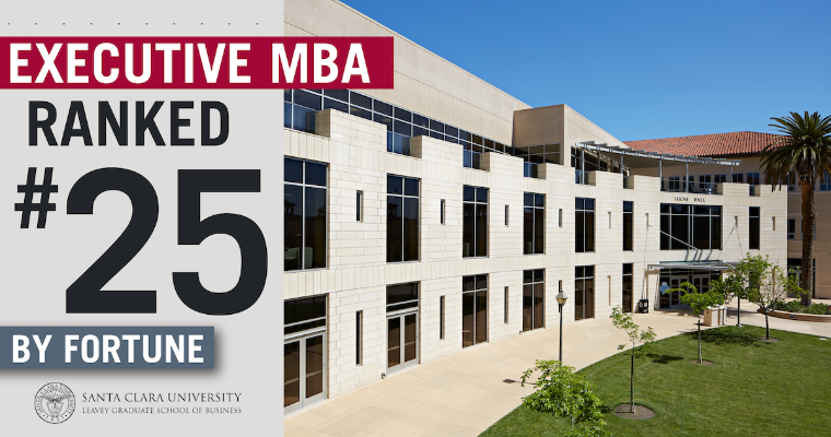 Executive MBA ranked #25 by Fortune, 2021 text with an academic building background.