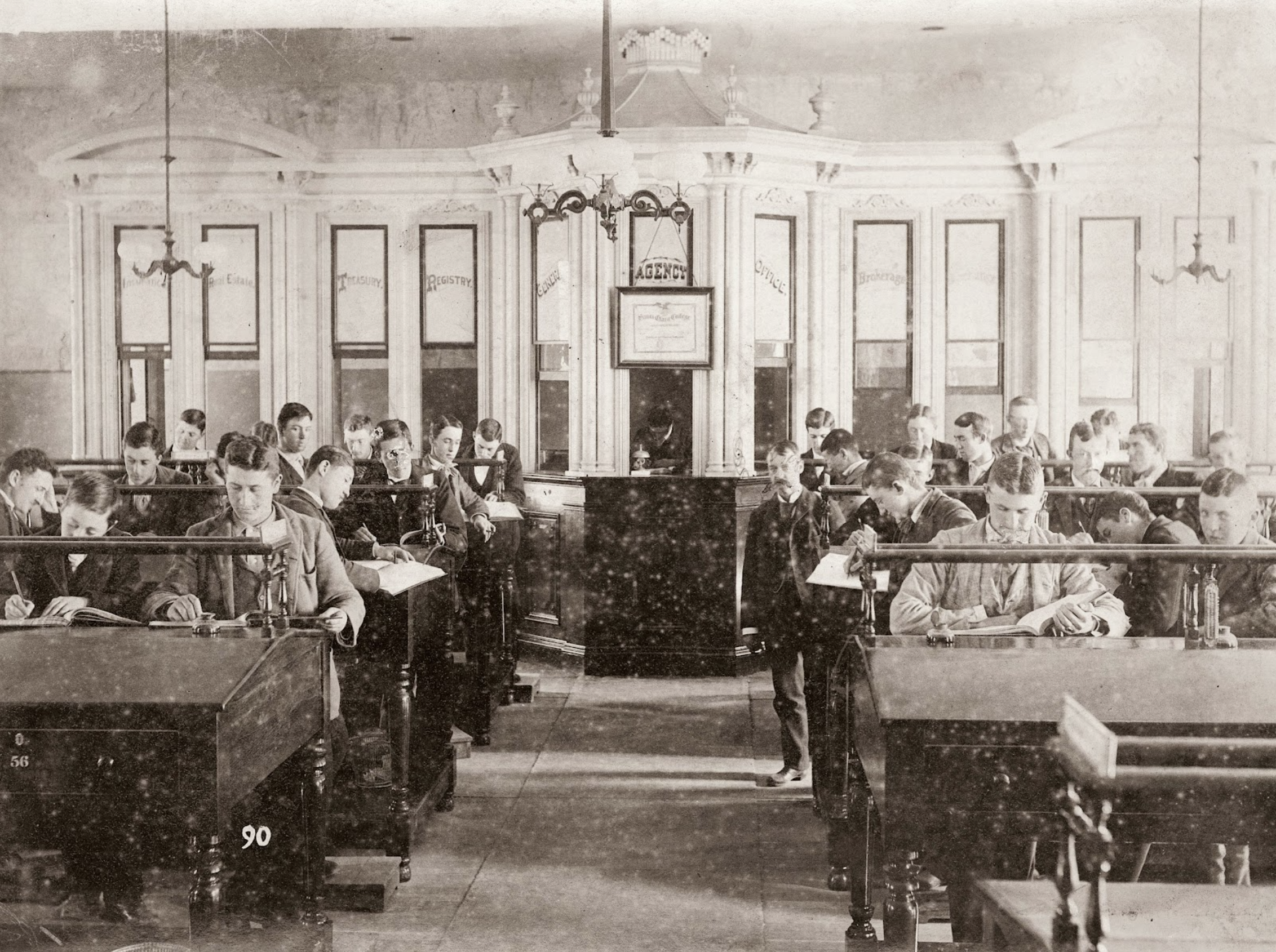 Historical photo of a Santa Clara University classroom from 1854