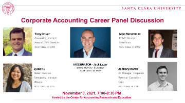 Corporate Accounting Career Panel Discussion flyer with five speaker photos, event details, and contact information.

