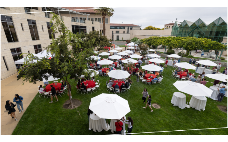 Event outside Lucas Hall, home of the Leavey School of Business at SCU