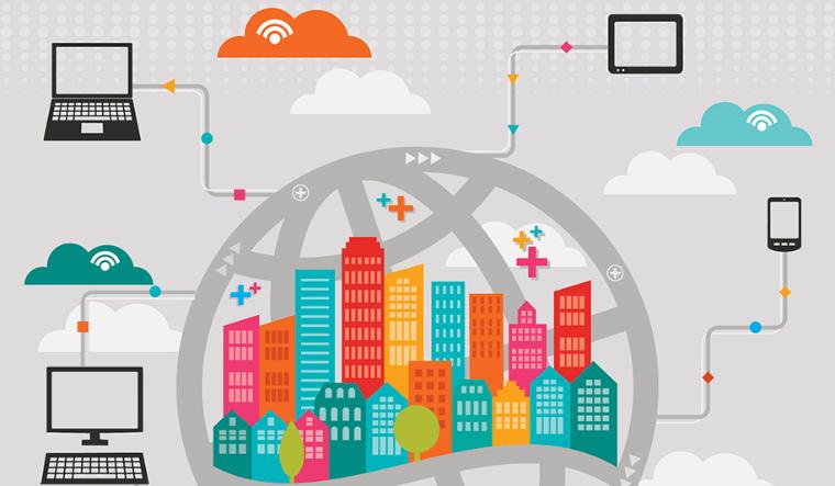 Illustration of colorful buildings under a dome, surrounded by technological icons and devices.