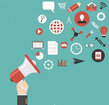 Illustration of communication tools like megaphone, email, and smartphone.