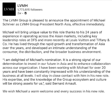  - Michael Schriver LVMH Announcement Link to file