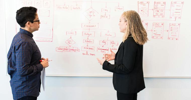 Professionals discussing user flow on a whiteboard