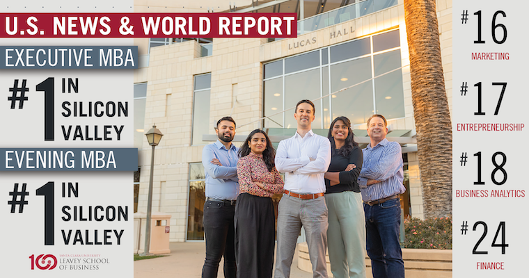 Leavey MBA Students in Front of Lucas Hall with EMBA (#1 in Silicon Valley), Evening MBA (#1 in Silicon Valley), and Business Specialty National Rankings