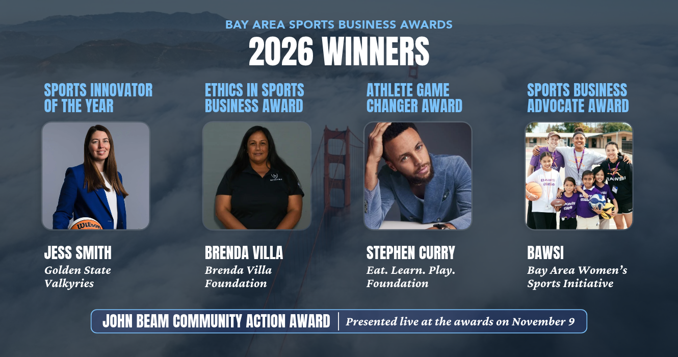 Graphic announcing the 2026 Bay Area Sports Business Awards winners, featuring four award categories, winner photographs, and a John Beam Community Action Award announcement.