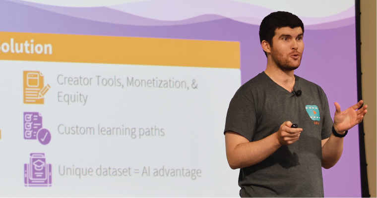 A Bronco pitching their idea at Demo Day, hosted by the Ciocca Center image link to story