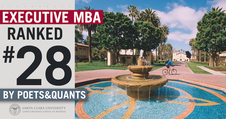 EMBA ranked #28 by Poets&Quants text with a campus fountain background.