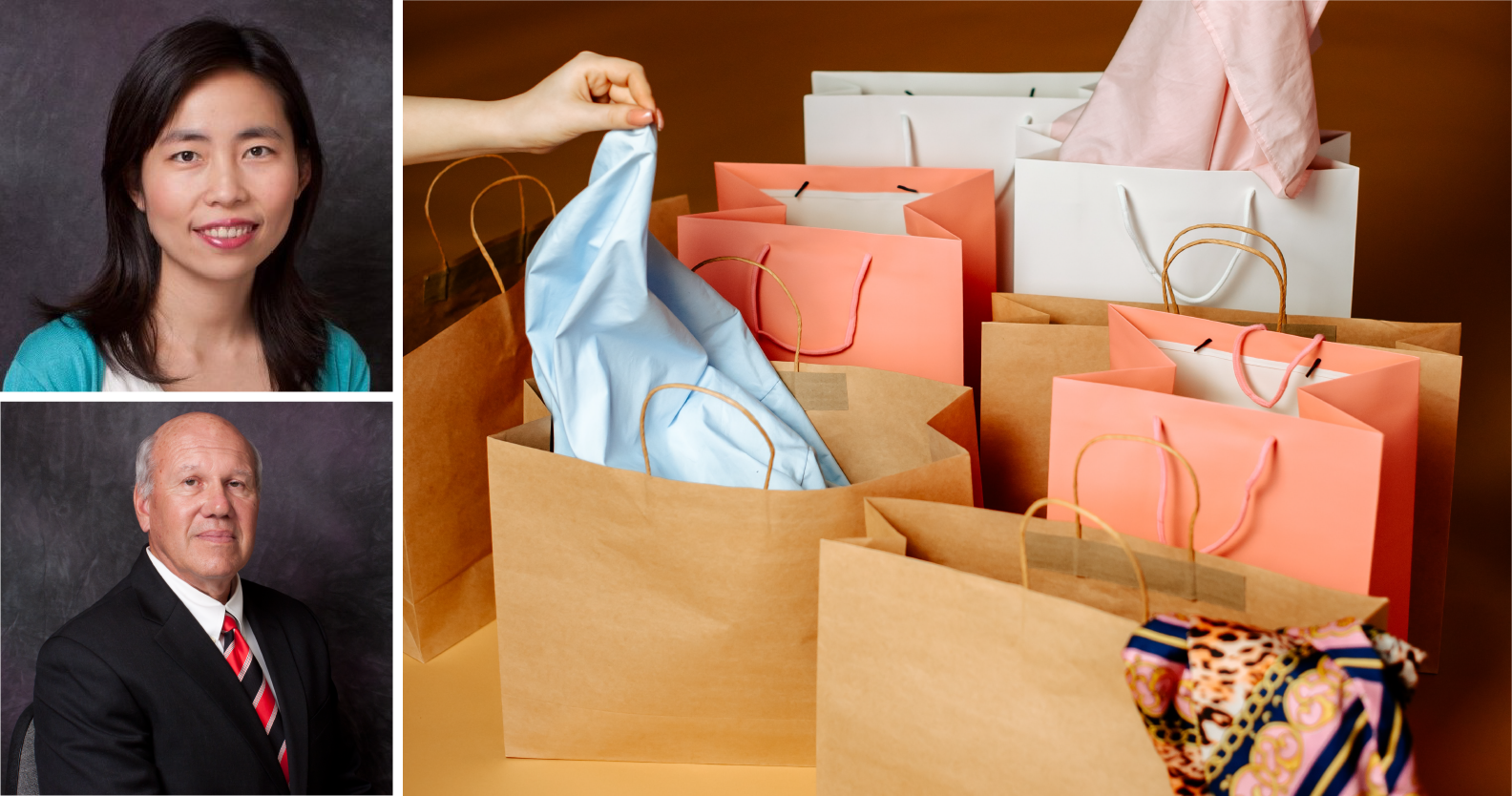 Leavey professors Savannah Wei Shi and Chuck Byers headshots with retail shopping bags image link to story