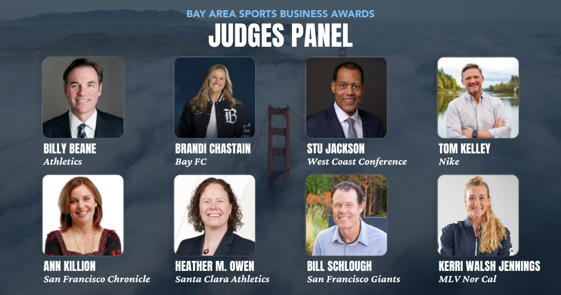 Judges panel graphic for the Bay Area Sports Business Impact Awards featuring portraits of eight judges and their affiliated organizations.
