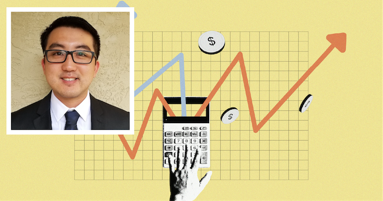 Portrait of Leavey economics professor Kevin Chiu beside a graph-paper illustration with rising financial lines, dollar-marked coins, and a calculator.