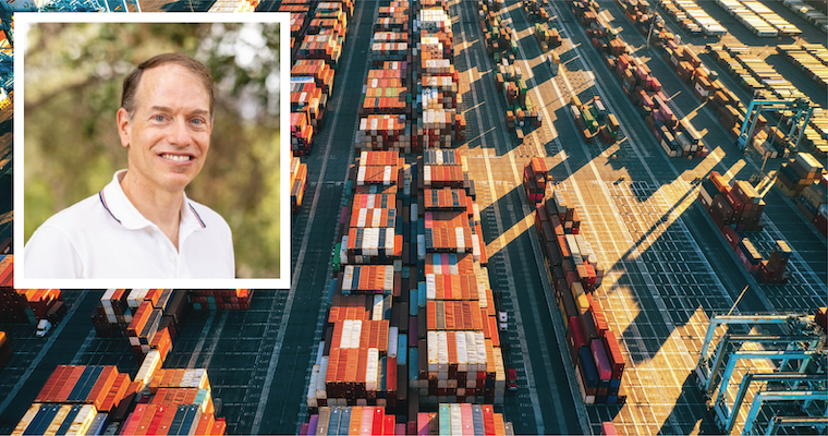 Leavey economics professor Kris Mitchener headshot over rows of shipping containers