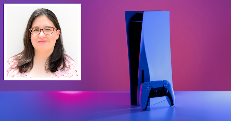 Leavey MBA alumnae Kristie Ramirez headshot over illustration of gaming console