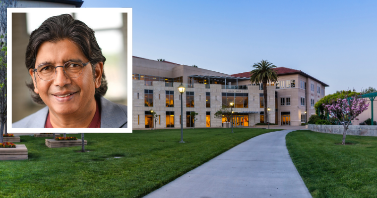 Ravi Bapna headshot overlaying Lucas Hall, home to the Leavey School of Business