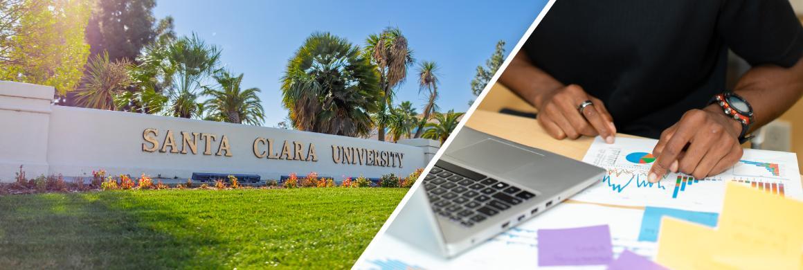 Entrance to Santa Clara University split with laptop and graph data