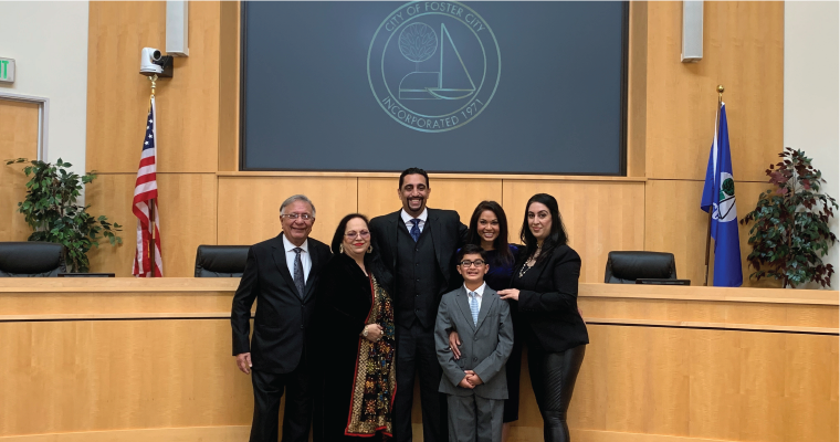 Sanjay Gehani and his family at Foster City mayoral swearing in image link to article