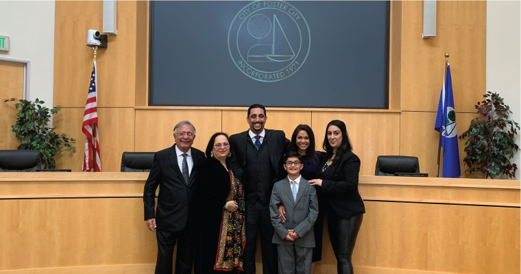 Sanjay Gehani and his family at Foster City mayoral swearing in image link to story