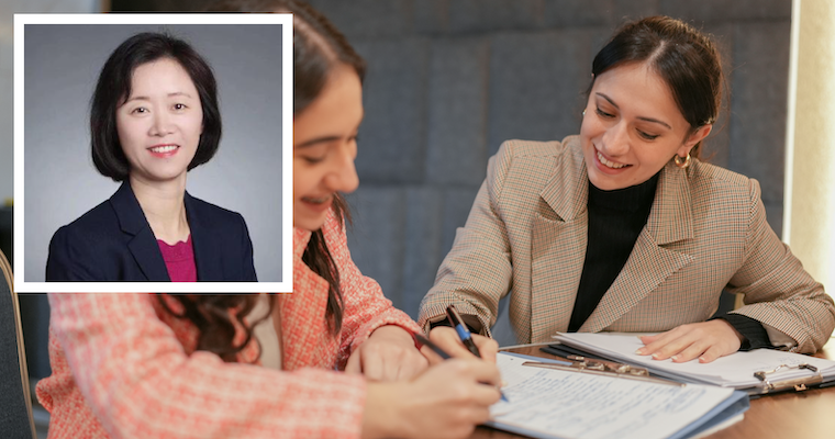 Leavey School of Business professor Siqi Li headshot overlayed women discussing contracts image link to story